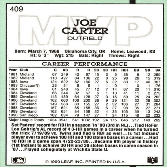 Joe Carter (San Diego Padres) Donruss '91 Green Border MVP Card - Number 409 - Picture 2 of 2